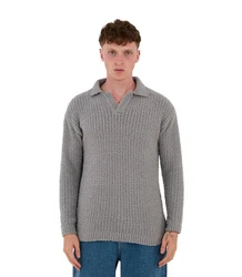 Denim Distriqt Strickpullover Feinstrick mit offenem Polokragen im Oversize Style Grau