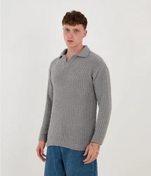 Denim Distriqt Strickpullover Feinstrick mit offenem Polokragen im Oversize Style Grau
