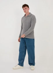 Denim Distriqt Strickpullover Feinstrick mit offenem Polokragen im Oversize Style Grau