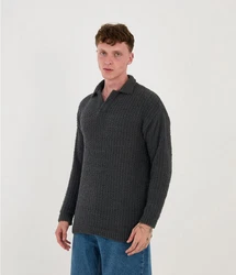 Denim Distriqt Strickpullover Feinstrick mit offenem Polokragen im Oversize Style Antrcite