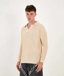 Denim Distriqt Strickpullover mit Polokragen in Relaxed Fit Beige