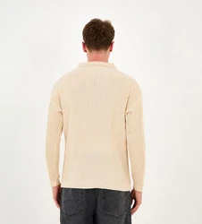 Denim Distriqt Strickpullover mit Polokragen in Relaxed Fit Beige