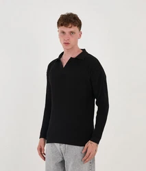Denim Distriqt Strickpullover mit Polokragen in Relaxed Fit Schwarz