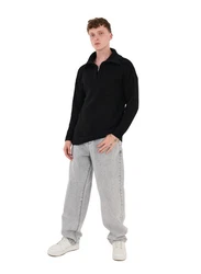 Denim Distriqt Strickpullover Loose Fit mit Stehkragen Schwarz