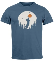 Neverless Print-Shirt Herren T-Shirt Frontprint Katze Silhouette Blau/Dunkelblau/Grau
