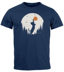 Neverless Print-Shirt Herren T-Shirt Frontprint Katze Silhouette Dunkelblau/Blau