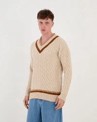 Denim Distriqt Strickpullover Lässiges V-Neck College Strick in Oversized Fit Beige