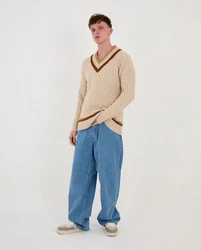 Denim Distriqt Strickpullover Lässiges V-Neck College Strick in Oversized Fit Beige