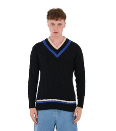 Strickpullover Lssiges V-Neck College Strick in Oversized Fit Schwarz M