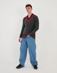Denim Distriqt Strickpullover Lässiges V-Neck College Strick in Oversized Fit Antracite