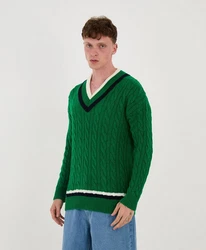 Denim Distriqt Strickpullover Lässiges V-Neck College Strick in Oversized Fit Grün