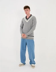 Denim Distriqt Strickpullover Lässiges V-Neck College Strick in Oversized Fit Grau