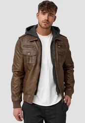 Indicode Herren Aaron Lederjacke mit Abnehmbarer Kapuze Braun/Dunkelbraun/Khaki/Grau