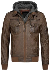 Indicode Herren Aaron Lederjacke mit Abnehmbarer Kapuze Braun/Dunkelbraun/Khaki/Grau