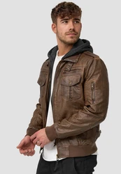 Indicode Herren Aaron Lederjacke mit Abnehmbarer Kapuze Braun/Dunkelbraun/Khaki/Grau