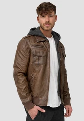 Indicode Herren Aaron Lederjacke mit Abnehmbarer Kapuze Braun/Dunkelbraun/Khaki/Grau