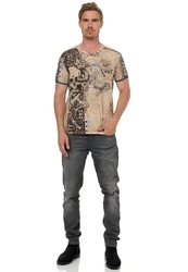 Rusty Neal T-Shirt mit Allover-Print Braun/Beige/Khaki/Dunkelblau/Creme