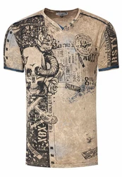 Rusty Neal T-Shirt mit Allover-Print Braun/Beige/Khaki/Dunkelblau/Creme