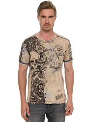 Rusty Neal T-Shirt mit Allover-Print Braun/Beige/Khaki/Dunkelblau/Creme
