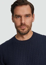 s.Oliver BLACK LABEL Strickpullover  aus Wollmix mit Zopfmuster Dunkelblau/Blau