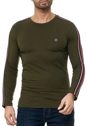 Strickpullover Figurbetont Feinstrick Longsleeve Slim Fit Kontraststreifen