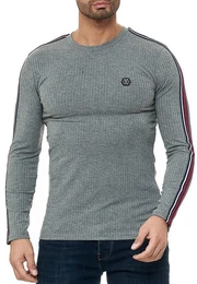 Strickpullover Figurbetont Feinstrick Longsleeve Slim Fit Kontraststreifen
