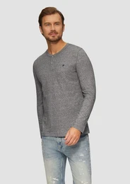 Langarmshirt Meliertes Longsleeve mit Henley-Ausschnitt Logo