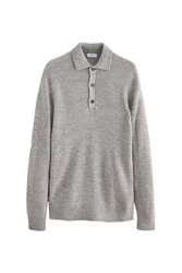Next Polokragenpullover Relaxed Fit Langarm Polo-Shirt Grau/Hellgrau