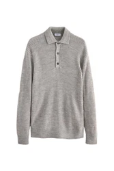 Next Polokragenpullover Relaxed Fit Langarm Polo-Shirt Grau/Hellgrau