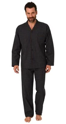 Normann Pyjama durchknöpfbarer Herren Pyjama Schwarz/Dunkelgrau/Grau