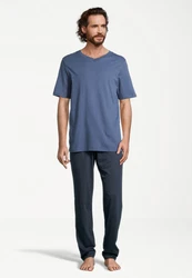 Schiesser Pyjama Night & Home Schlafanzug Grau/Dunkelblau/Blau