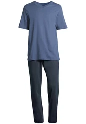 Schiesser Pyjama Night & Home Schlafanzug Grau/Dunkelblau/Blau
