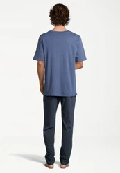 Schiesser Pyjama Night & Home Schlafanzug Grau/Dunkelblau/Blau