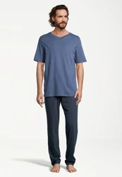 Schiesser Pyjama Night & Home Schlafanzug Grau/Dunkelblau/Blau