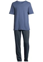 Schiesser Pyjama Night & Home Schlafanzug Grau/Dunkelblau/Blau