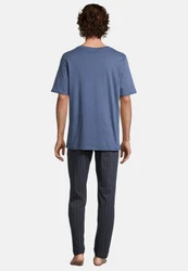 Schiesser Pyjama Night & Home Schlafanzug Grau/Dunkelblau/Blau
