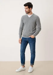 s.Oliver Strickpullover mit V-Ausschnitt und Logo Grau/Hellgrau