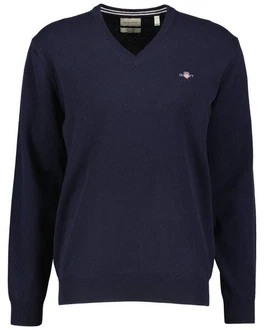 Gant Strickpullover Superfine Lambswool V-Neck Dunkelblau/Blau Gant Strickpullover Superfine Lambswool V-Neck Dunkelblau/Blau
