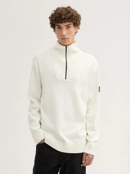TOM TAILOR Denim Strickpullover Relaxed Troyer mit Logo Badge Weiß/Creme/Khaki/Beige