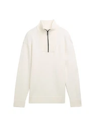 TOM TAILOR Denim Strickpullover Relaxed Troyer mit Logo Badge Weiß/Creme/Khaki/Beige