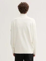 TOM TAILOR Denim Strickpullover Relaxed Troyer mit Logo Badge Weiß/Creme/Khaki/Beige