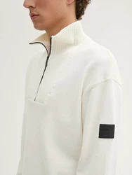 TOM TAILOR Denim Strickpullover Relaxed Troyer mit Logo Badge Weiß/Creme/Khaki/Beige