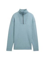 TOM TAILOR Denim Strickpullover Relaxed Troyer mit Logo Badge Blau/Grau/Hellblau