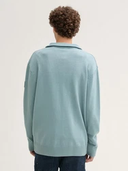 TOM TAILOR Denim Strickpullover Relaxed Troyer mit Logo Badge Blau/Grau/Hellblau
