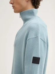 TOM TAILOR Denim Strickpullover Relaxed Troyer mit Logo Badge Blau/Grau/Hellblau