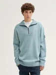 TOM TAILOR Denim Strickpullover Relaxed Troyer mit Logo Badge Blau/Grau/Hellblau