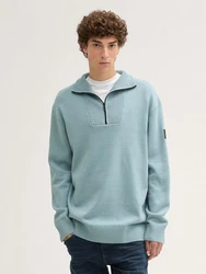 TOM TAILOR Denim Strickpullover Relaxed Troyer mit Logo Badge Blau/Grau/Hellblau