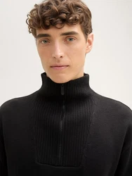 TOM TAILOR Denim Strickpullover Relaxed Troyer mit Logo Badge Schwarz