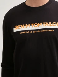 TOM TAILOR Denim T-Shirt Langarmshirt mit Logo Print Schwarz