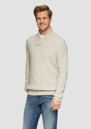 Strickpullover Schalkragenpullover mit Zopfmuster aus Wollmix Rippblende
